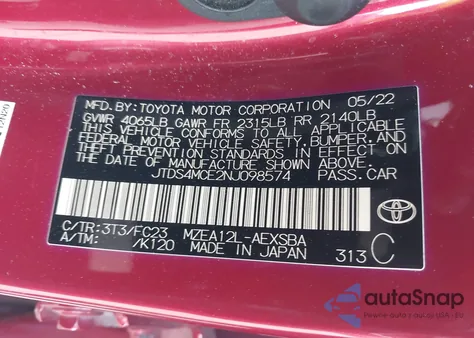 2022 Toyota Corolla Se из США, поврежденный, VIN JTDS4MCE2NJ098574